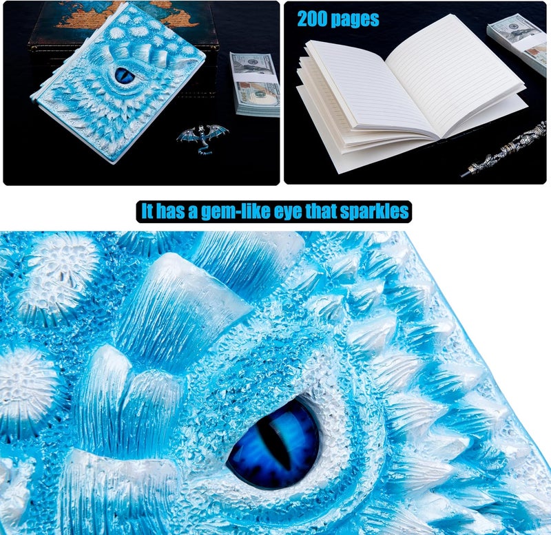 LZlightactor 3D Dragon Eye Embossed Journal,Resin Engraving Notebook,Dnd notebook for Dragon Lovers ，Blank Paper,Hardcover Travel Notepad for Writing,Sketchbook,Collection,Gift,Decoration A4 and A5 Size (A5-Ice dragon-Lined) - Image 3